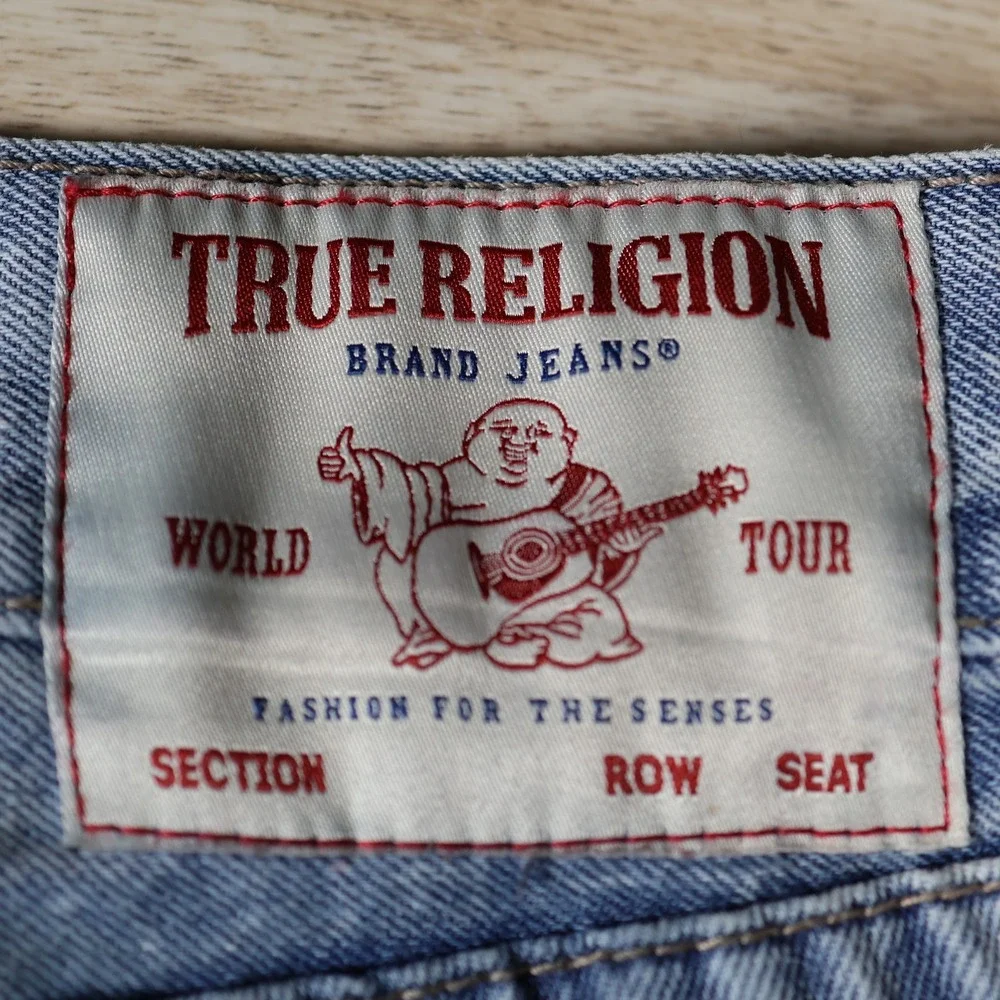 True Religion Jeans Mens 34x32 Blue Vinny Baggy All Over Logo Wide Leg Skater